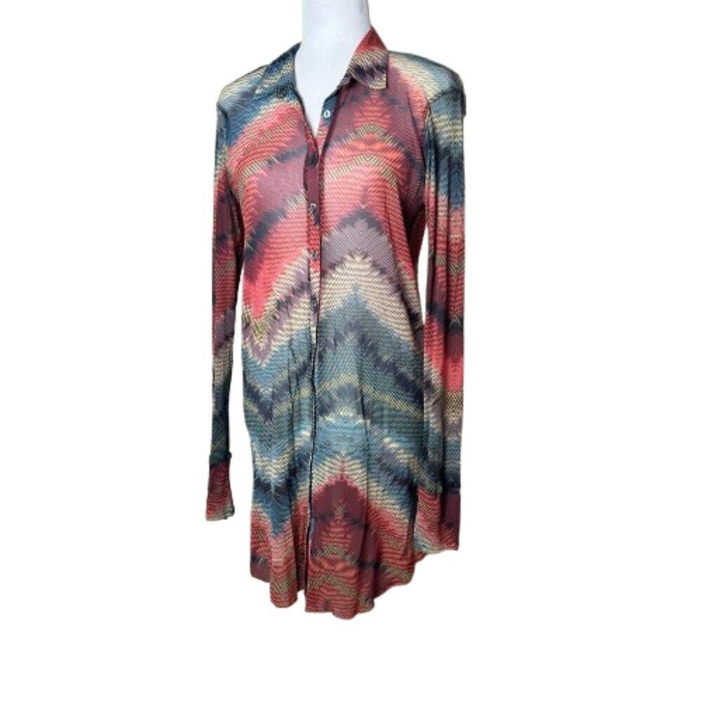 WESTON WEAR Sheer Patterned Button Up Shirt Dress Tunic Size Large